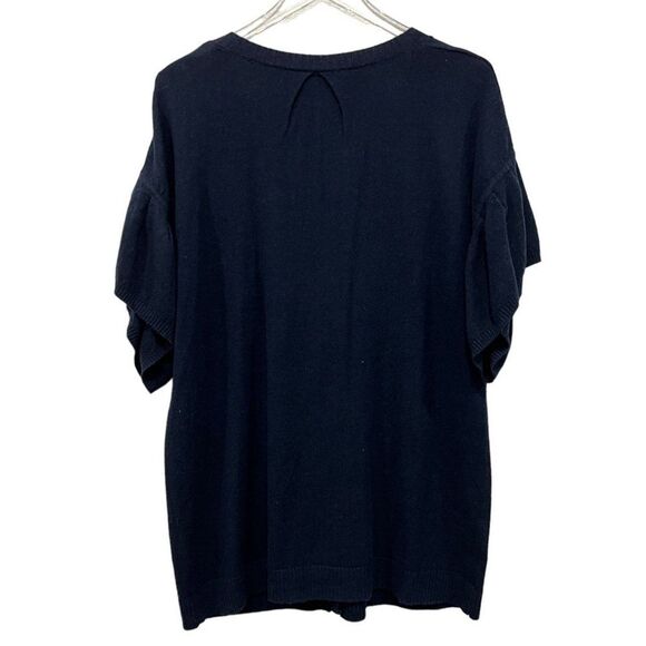 BCBG Max Azria Sz L Lambswool Cardigan Flutter Short Sleeve V-neck Sweater Navy - Picture 5 of 7